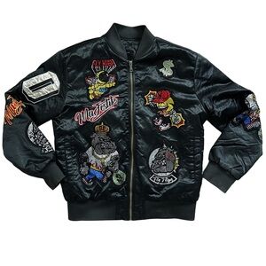 Majestik Black Rhinestone Bulldog Streetwear Nylon Bomber Jacket Medium